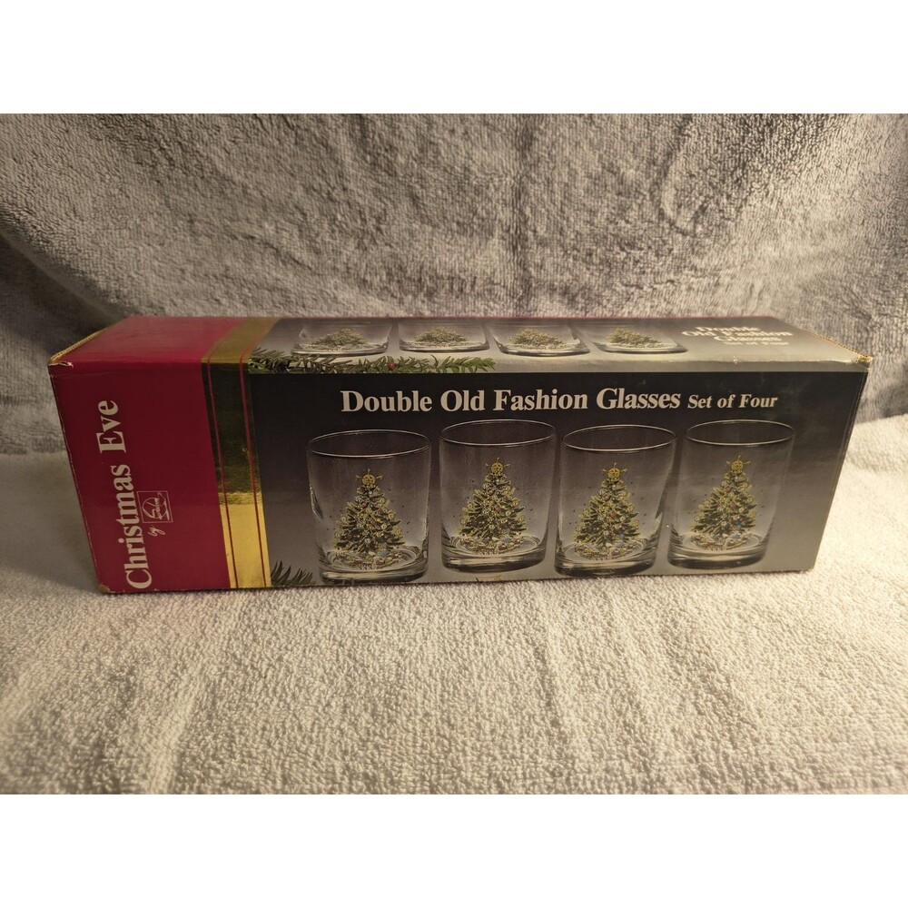 Set of 4 Spode Christmas Tree Double Old Fashioned Glasses 14 oz Boxed*1 Is Flaw